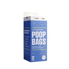 Pack of 120 certified home compostable dog poop bags by Little Green Dog in a dark blue box.