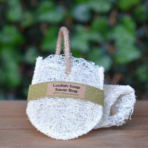 Close-up of a New Zealand grown Loofah Soap Saver Bag with jute rope.