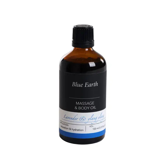 Blue Earth massage and body oil in Lavender and Ylang Ylang scent in an amber glass bottle. Label reads Relaxation and hydration and 100ml.