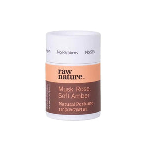 Musk, Rose and Soft Amber natural perfume by Raw Nature, packaging consists of white compostable cardboard tube and peach and brown coloured label which reads "Vegan, No Parabens, No SLS"