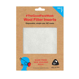Wool face mask filter in cardboard packaging, made in New Zealand from NZ wool.