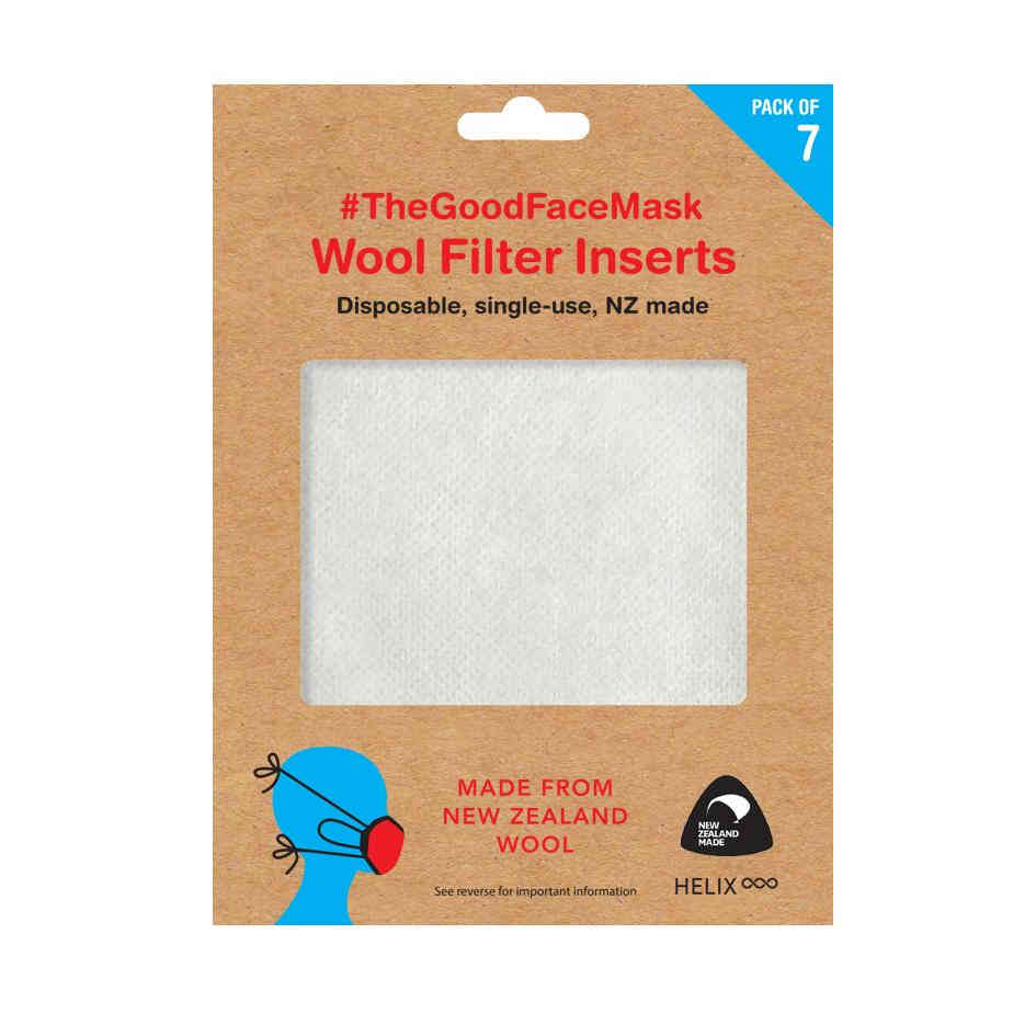 Wool face mask filter in cardboard packaging, made in New Zealand from NZ wool.