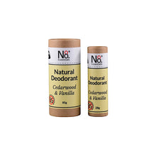 Baking soda free and vegan natural deodorant from No. 8 Essentials in Cedarwood and Vanilla fragrance with home compostable packaging. Two deodorants shown, one small 28g travel size and one large 85g regular size.