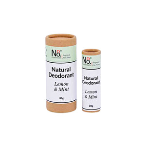 Natural deodorant from No. 8 Essentials in Lemon and Mint fragrance with home compostable packaging. Two deodorants shown, one small 28g travel size and one large 85g regular size.