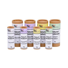 Vegan range of natural deodorant from No. 8 Essentials in Grapefruit & Lavender, Lemon & Mint, Cedarwood & Vanilla and unscented fragrances in home compostable packaging. 28g and larger 85g sizes shown.