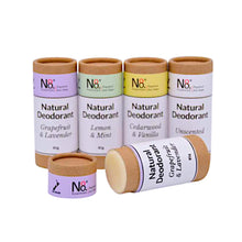 Vegan range of natural deodorant from No. 8 Essentials in Grapefruit & Lavender, Lemon & Mint, Cedarwood & Vanilla and unscented fragrances in home compostable packaging. 85g sizes shown and one deodorant is open exposing the roll-on deodorant.