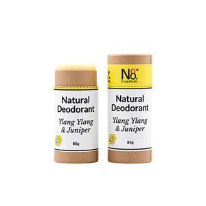 Natural deodorant from No. 8 Essentials in Ylang Ylang and Juniper fragrance with home compostable packaging. 85g size, two deodorants shown, one of which is open to display the roll-on deodorant.