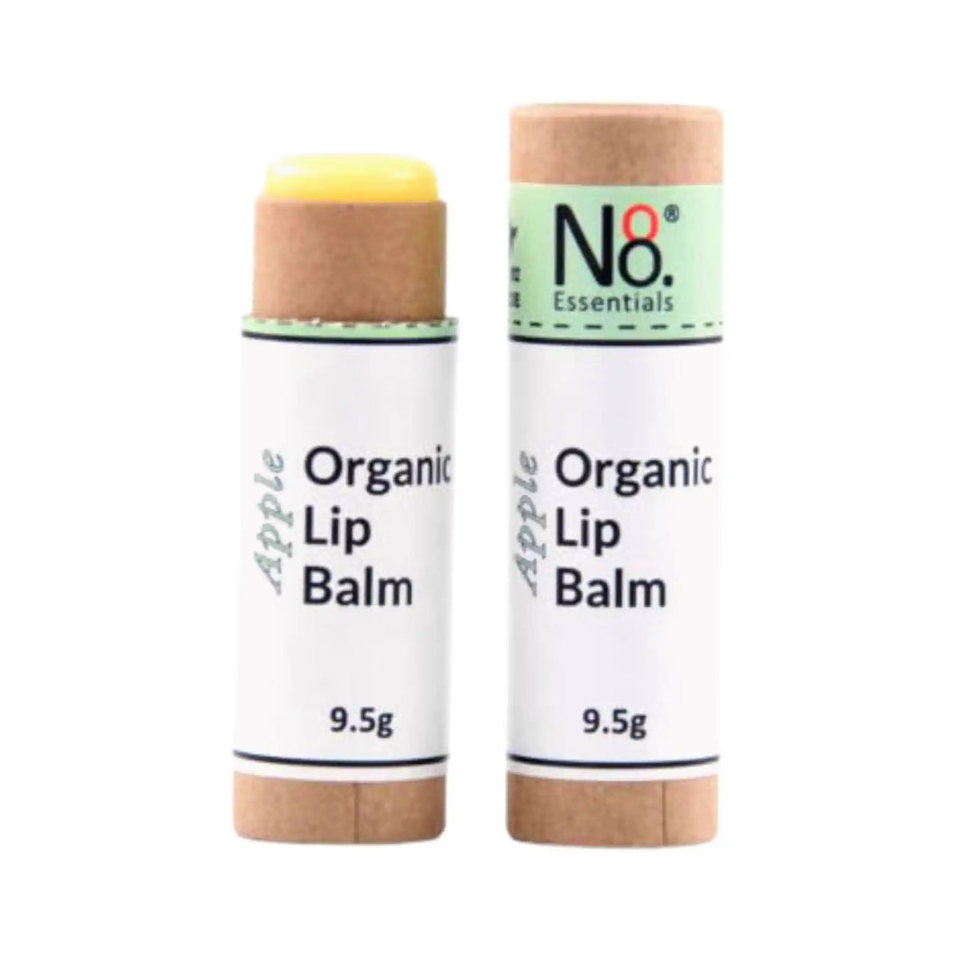 No. 8 Essentials organic lip balm in compostable cardboard tube, apple flavour.