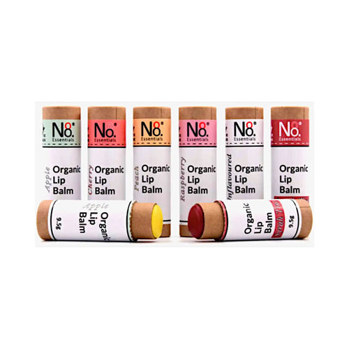 Entire range of No. 8 Essentials Organic Lip Balm in eco-friendly cardboard tubes, flavours include apple, cherry, peach, raspberry, unflavoured and Syrah tinted.