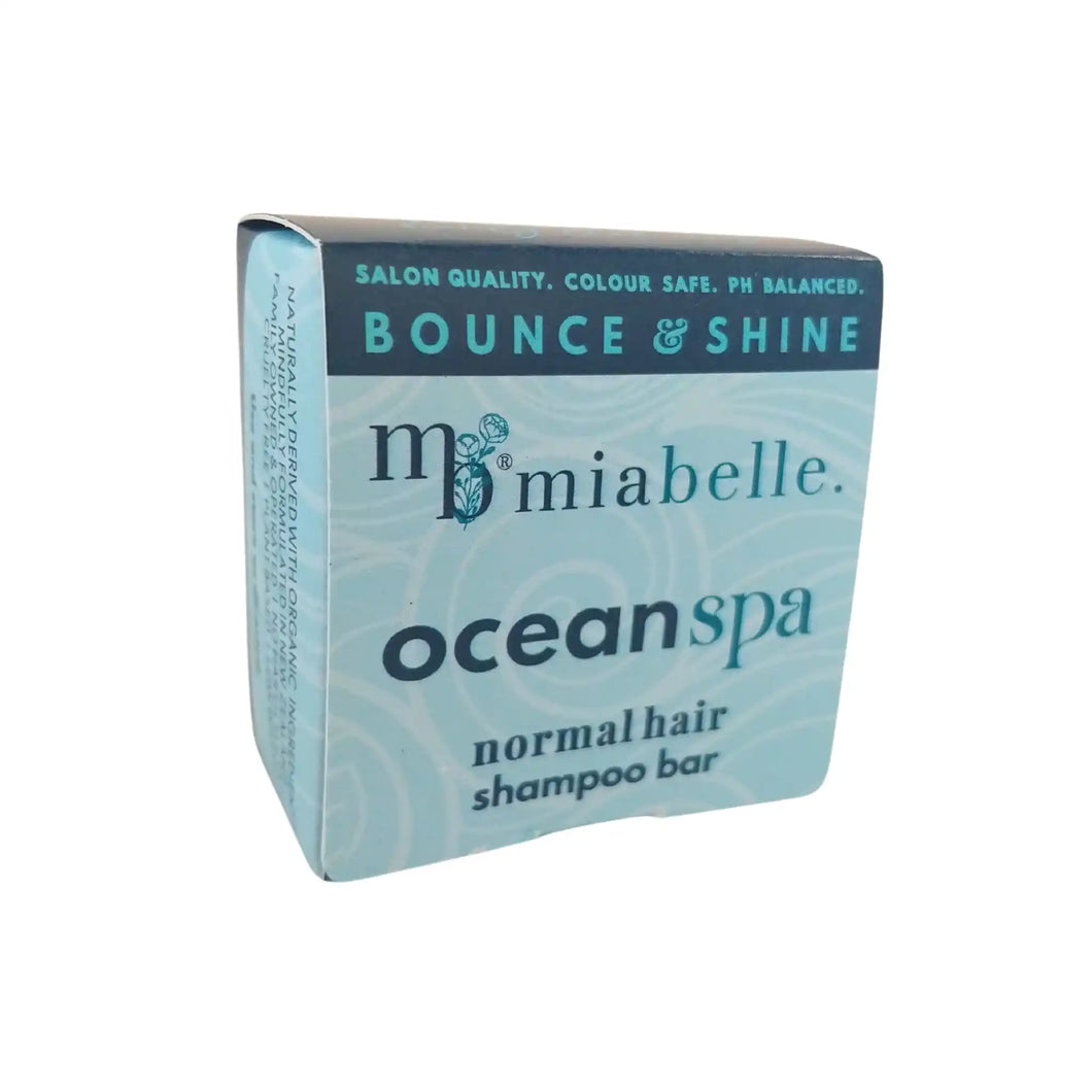 Ocean Spa shampoo bar from MiaBelle in a light blue box with text that reads: Salon Quality, Colour Safe, PH Balanced. Bounce & Shine. Normal hair shampoo bar. 