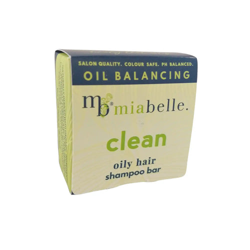 An oil balancing shampoo bar for oily prone scalps from Mia Belle. The shampoo bar is packaged in a lime green box with a navy stripe across the top that reads: Salon Quality, Colour Safe, PH Balanced, Oil Balancing, oily hair Clean shampoo bar.