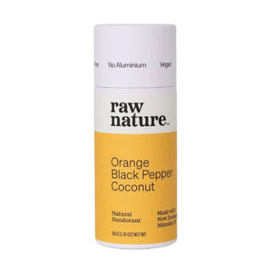 Raw Nature brand natural vegan deodorant in Orange and Black Pepper scent. Seen here in a white cardboard tube with a yellow label. Made in New Zealand.