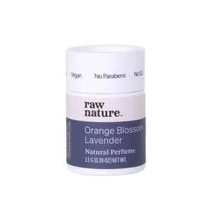 Orange Blossom and Lavender natural perfume by Raw Nature, packaging consists of white compostable cardboard tube and navy blue coloured label which reads "Vegan, No Parabens, No SLS"