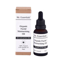 Organic Facial Moisturising Oil for acne prone skin. Image shows glass dropper bottle and cardboard packaging box.
