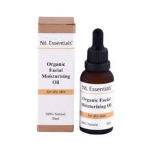 Organic Facial Moisturising Oil for dry skin. Image shows 30ml glass dropper bottle and cardboard packaging box which reads 100% Natural.