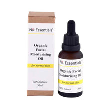 No.8 Essentials Organic Facial Moisturising Oil for normal skin. Image shows 30ml glass dropper bottle and cardboard packaging box which reads 100% Natural.