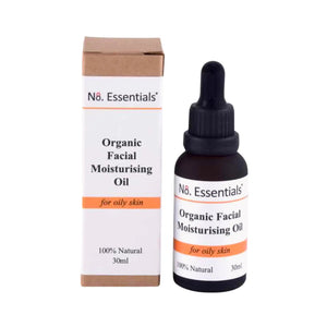 No.8 Essentials Organic Facial Moisturising Oil for oily skin. Image shows 30ml glass dropper bottle and cardboard packaging box which reads 100% Natural.