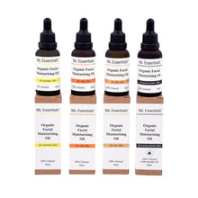 No.8 Essentials Organic Facial Moisturising Oils for normal, oily, dry and acne prone skin. Image shows dropper bottles sitting on top of eco-friendly cardboard packaging.