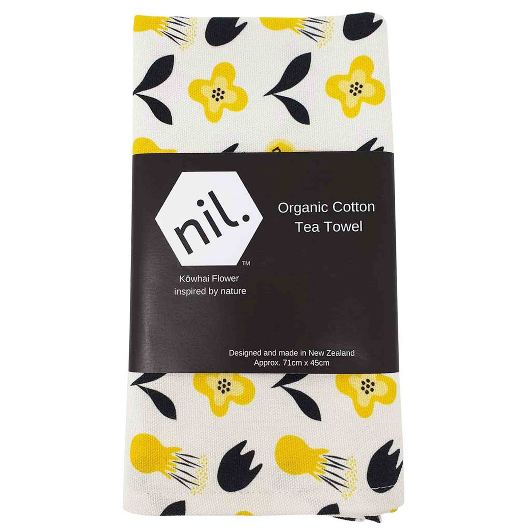 Organic cotton tea towel in Kowhai flower design.