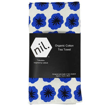Organic cotton tea towel in blue flower design.