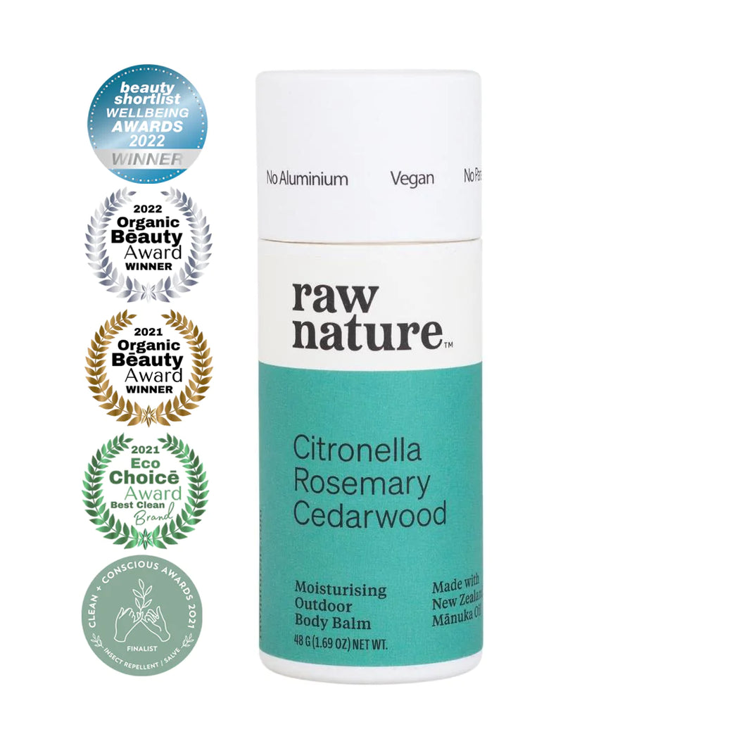 Raw Nature citronella, rosemary and cedarwood moisturising outdoor body balm and insect repellent. Made in Aotearoa New Zealand with Mānuka Oil. The white cardboard tube has a teal stripe and reads 