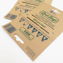 Closeup of loot bags recyclable swing tags.