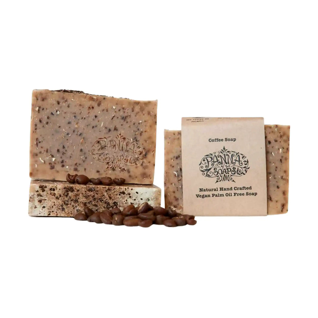Panna Soaps handcrafted vegan  Coffee soap with simple brown paper packaging.