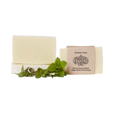 Panna Soaps handcrafted vegan Gardeners soap with simple brown paper packaging and leafy green herbs.