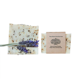 Panna Soaps handcrafted vegan Shea Butter and Lavender soap with simple brown paper packaging.