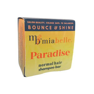 Paradise shampoo bar from MiaBelle in a yellow box with text that reads: Salon Quality, Colour Safe, PH Balanced. Bounce & Shine. Normal hair shampoo bar.