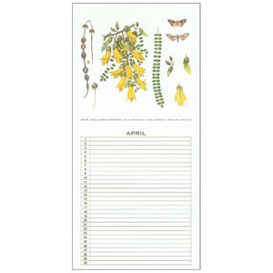 Perpetual New Zealand birthday calendar by botanical artist Jo Ewing. Image is of a sample month - April which has illustrations of the Kōwhai tree and its flowers and beneath the days of the month are listed with space for writing in birthdays.