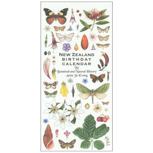 Perpetual New Zealand birthday calendar by botanical artist Jo Ewing. Image is of the cover which has a vast array of New Zealand endemic flora and closely related fauna. Images include flowers, leaves, moths and butterflies.