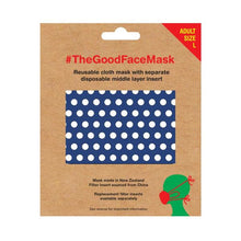 Adult large size reusable face mask, navy blue background with white spots on organic cotton. Handmade in New Zealand.