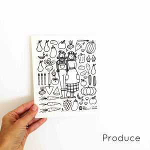 Compostable dish cloth with cute couple in produce Kyla K design.