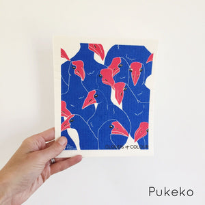 Natural dish cloth with Clouds of Colour pukeko design.