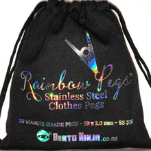 Close up of the black cloth cotton bag for stainless steel clothes pegs in rainbow colour.