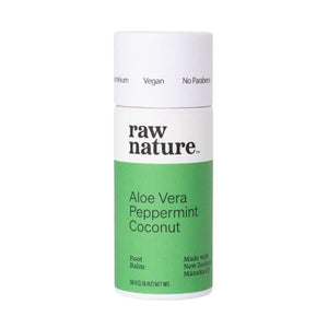Raw nature solid moisturising foot balm bar in a handy roll-on tube. The white compostable tube has a mint green and white label which reads: Aloe Vera, Peppermint and Coconut foot balm, vegan and made with New Zealand Mānuka oil.