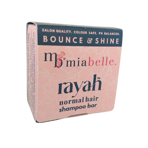 Rayah shampoo bar from MiaBelle in a light pink box with text that reads: Salon Quality, Colour Safe, PH Balanced. Bounce & Shine. Normal hair shampoo bar.