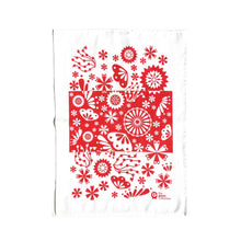 Naturall fibre designer tea towel in red flower design.