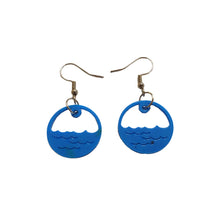Ocean scene earrings depicting blue waves and horizon, lazer cut from recycled 3D printer waste by Remix Plastic in Christchurch.