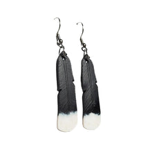 The original Remix Plastic Huia feather earrings, made from recycled 3D printer waste. Black feathers with white tips.