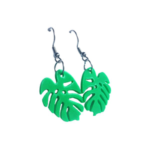 Bright green Monstera Leaf earrings made by Remix Plastic from recycled 3D printer waste.