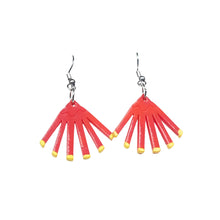 Remix Plastic's Pōhutukawa flower earrings made from recycled 3D printer waste. Red flowers with golden tips with hook closure, seen here hanging on a white background.