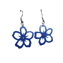 Remix Plastic earrings featuring single Forget-Me-Not flowers made from recycled ice-cream container lids in royal blue.
