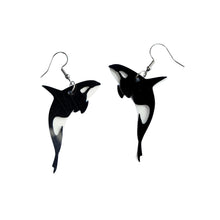 Eco friendly Orca earrings made from recycled ice-cream container lids in Ōtautahi Christchurch by Remix Plastic. Hypoallergenic hooks which are silver in colour and white and black elements to make a silhouette of an orca.