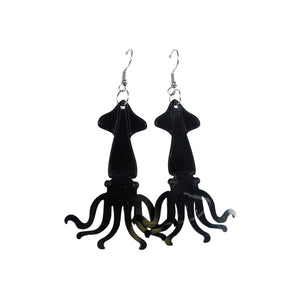 Eco friendly Squid earrings made from lazer cut recycled ice-cream container lids in Ōtautahi Christchurch by Remix Plastic. Hypoallergenic hooks which are silver in colour.
