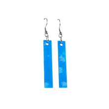 Straight and narrow blue recycled plastic earrings made from recycled 3D printer waste by Remix Plastic.