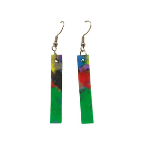 Straight and narrow multicoloured plastic earrings made from recycled 3D printer waste by Remix Plastic.