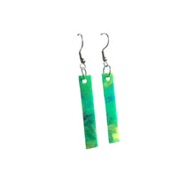 Straight and narrow green recycled plastic earrings made from recycled 3D printer waste by Remix Plastic.