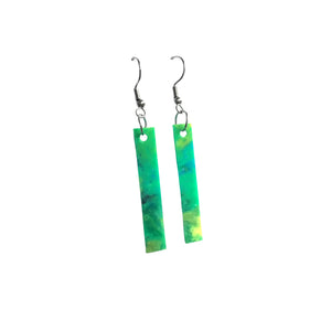Straight and narrow green recycled plastic earrings made from recycled 3D printer waste by Remix Plastic.